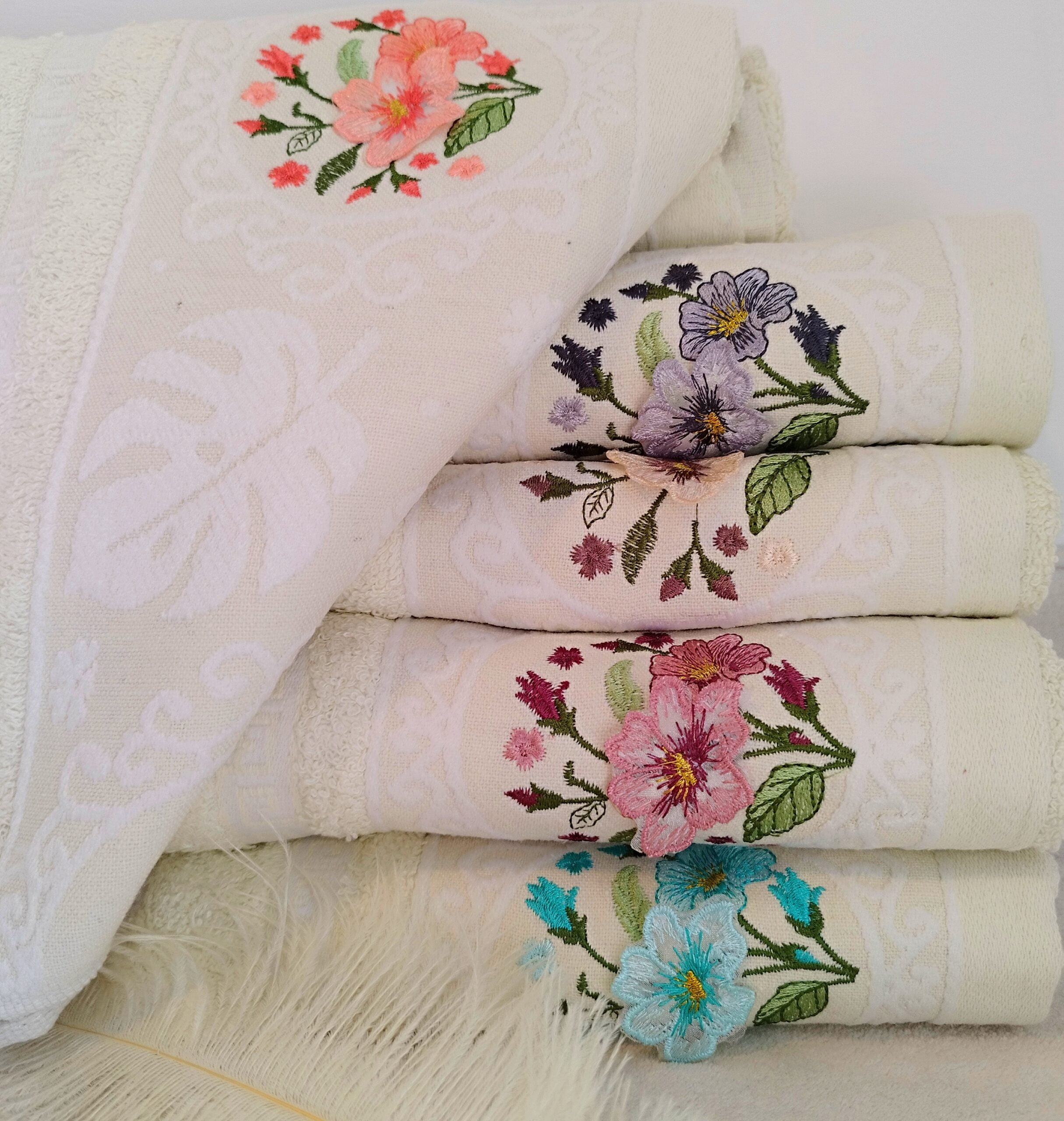 Set 5 prosoape de baie, pufoase, cu broderie, bumbac 100%, dimensiune 50x90cm,Menta - imagine 5