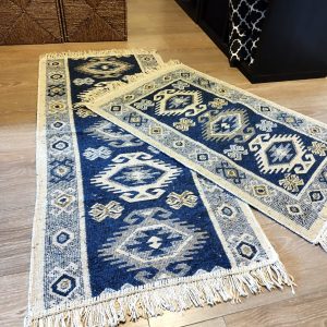 1+1 Covoare traditionale, dimensiunea 60x120cm+60x90cm, albastru si crem, model HORA