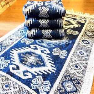 set 4 Covoare traditionale tesute, cu doua fete, dimensiunea 60x90cm, Albastru si crem, model HORA - imagine 3