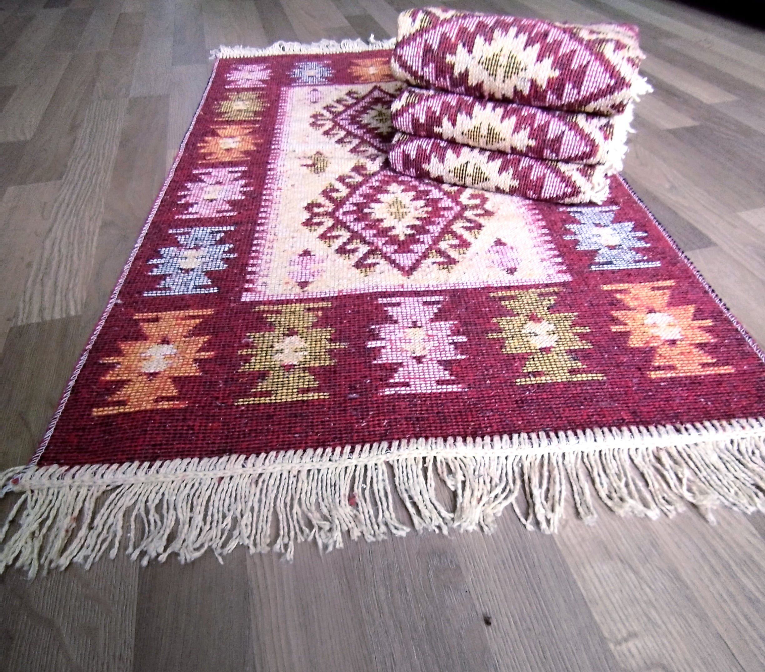 set 4 Covoare traditionale tesute, cu doua fete, dimensiunea 60x90cm, Rosu, model ROMB - imagine 5
