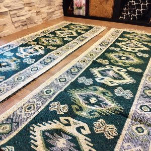 1+1 Covoare traditionale, dimensiunea 60x200cm, verde si crem, model HORA
