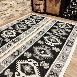 1+1 Covoare traditionale, cu doua fete, dimensiunea 60x300cm, negru si gri, model HORA - imagine 2