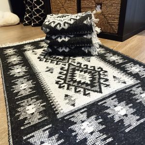 set 4 Covoare traditionale tesute, cu doua fete, dimensiunea 60x120cm, Negru si gri, model ROMB - imagine 3