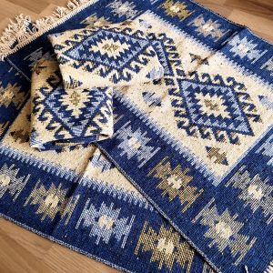 set 4 Covoare traditionale tesute, cu doua fete, dimensiunea 60x90cm, Albastru, model ROMB - imagine 4