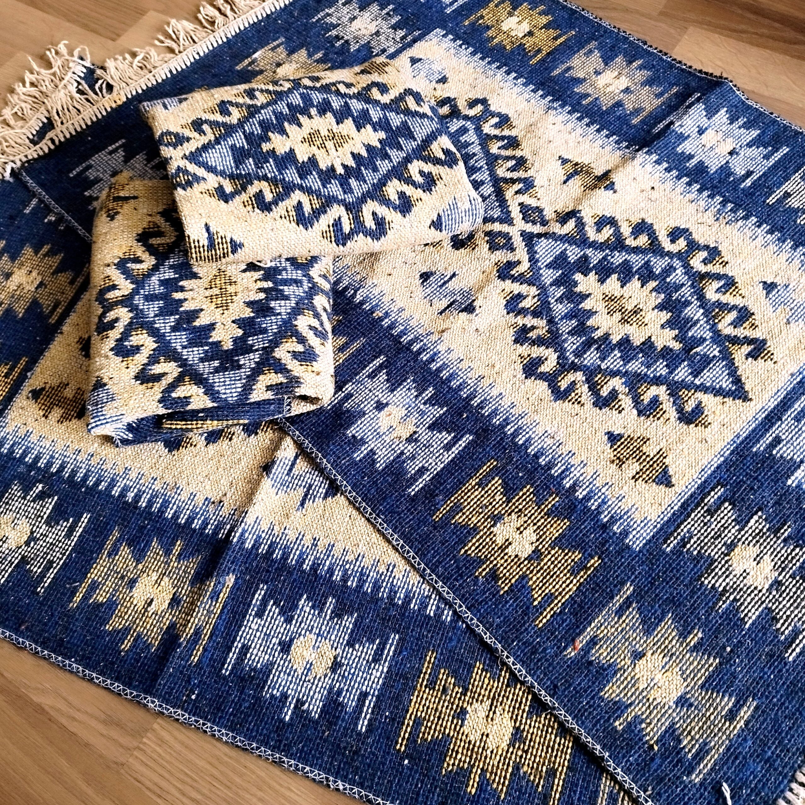 set 4 Covoare traditionale tesute, cu doua fete, dimensiunea 60x90cm, Albastru, model ROMB - imagine 4
