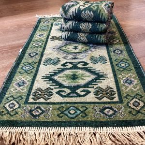 set 4 Covoare traditionale tesute, cu doua fete, dimensiunea 60x90cm, Verde, model HORA