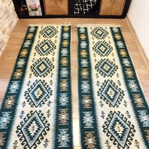 1+1 Covoare traditionale, cu doua fete, dimensiunea 60x300cm, verde si crem, model ROMB - imagine 2