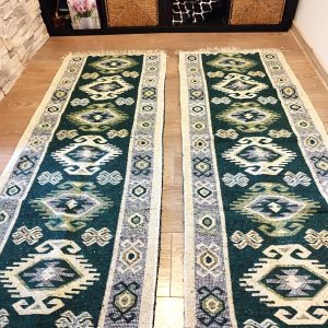 1+1 Covoare traditionale, cu doua fete, dimensiunea 60x300cm, verde si crem, model HORA - imagine 2
