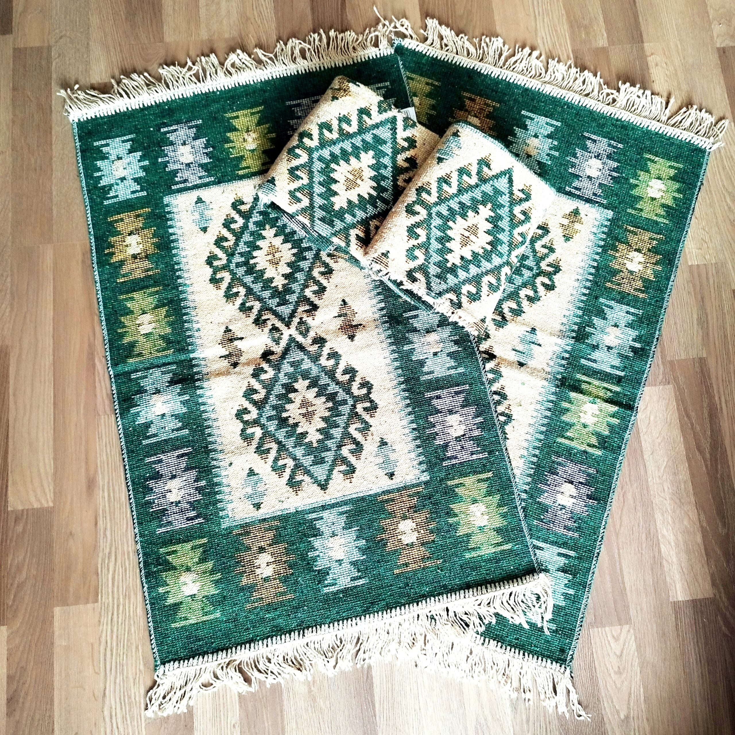 set 4 Covoare traditionale tesute, cu doua fete, dimensiunea 60x90cm, Verde, model ROMB - imagine 3