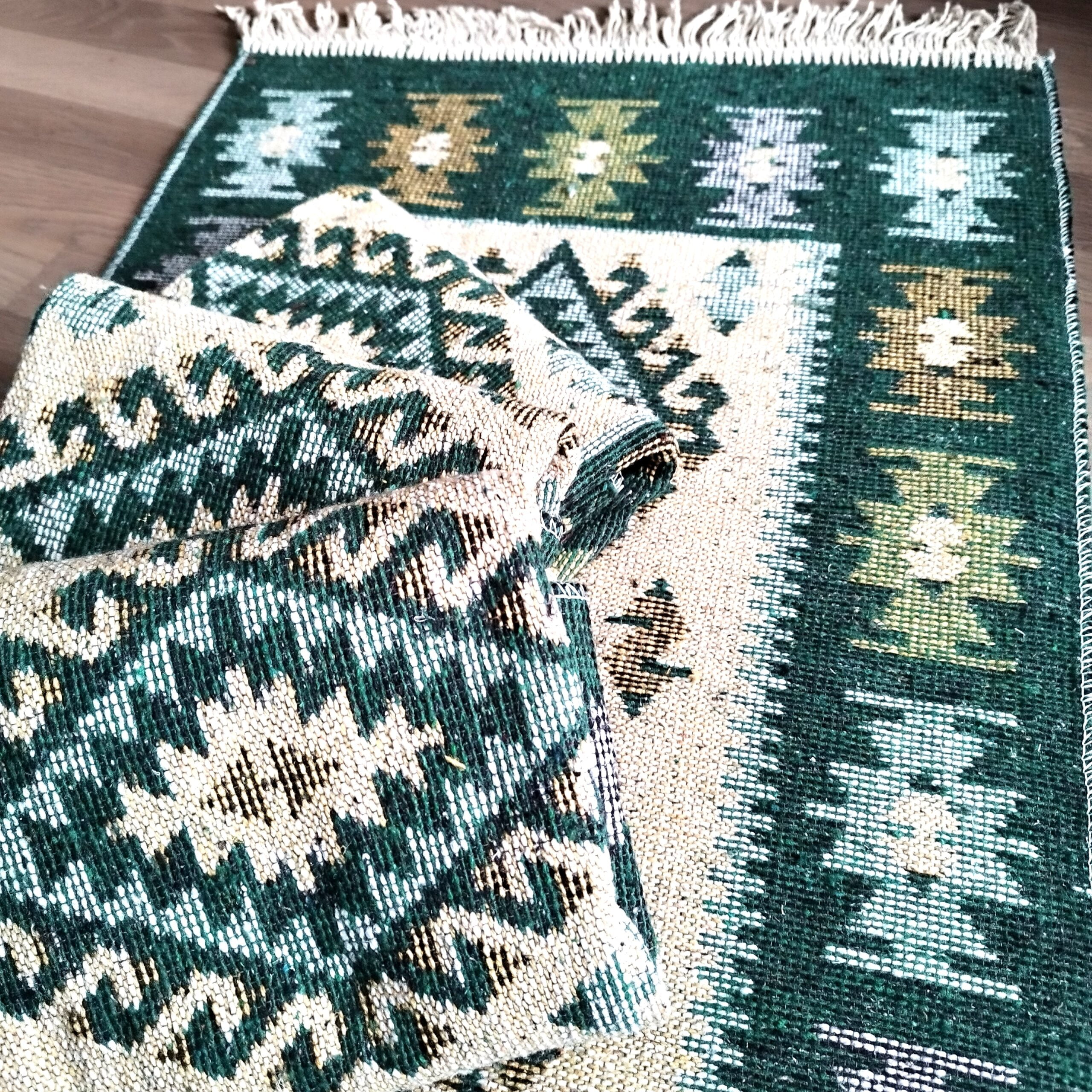 set 4 Covoare traditionale tesute, cu doua fete, dimensiunea 60x90cm, Verde, model ROMB - imagine 4
