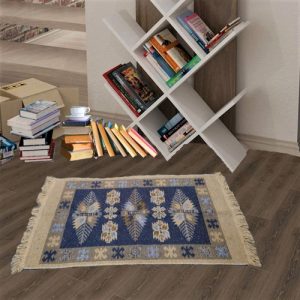 Covor traditional, tesut, cu doua fete, dimensiunea 80x125cm ALBASTRU si crem, model Con de brad - imagine 2