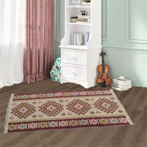 Covor traditional, tesut, cu doua fete, dimensiunea 80x250cm rosu si crem, model ROMB