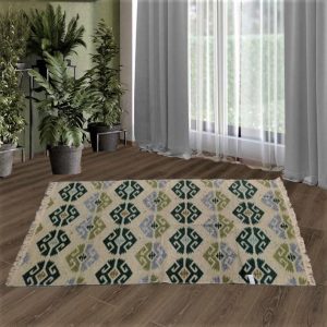 Covor traditional, tesut, cu doua fete, dimensiunea 100x200cm verde si crem, model FAGURE - imagine 2