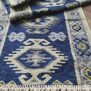 Covor traditional, tesut, cu doua fete, dimensiunea 80x125cm ALBASTRU si crem, model Hora - imagine 2