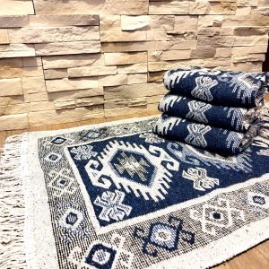 set 4 Covoare traditionale tesute, cu doua fete, dimensiunea 60x90cm, Albastru si crem, model HORA