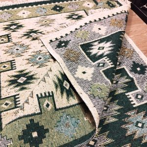 Covor traditional, tesut, cu doua fete, dimensiunea 80x200cm verde si crem, model RUSTIC - imagine 2