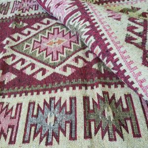 Covor traditional, tesut, cu doua fete, dimensiunea 80x200cm rosu si crem, model ROMB - imagine 4