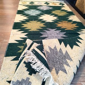 Covor traditional, tesut, cu doua fete, dimensiunea 80x200cm verde si crem, model RUSTIC 2 - imagine 2