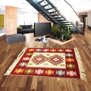 Covor traditional, tesut, cu doua fete, dimensiunea 80x200cm rosu si crem, model ROMB