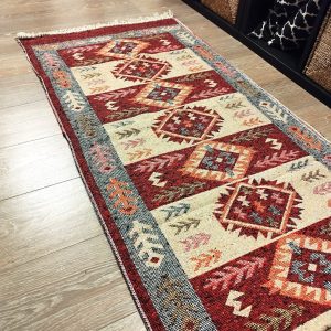 Covor traditional, dimensiunea 80x300cm Rosu si crem, model Spic de grau - imagine 5
