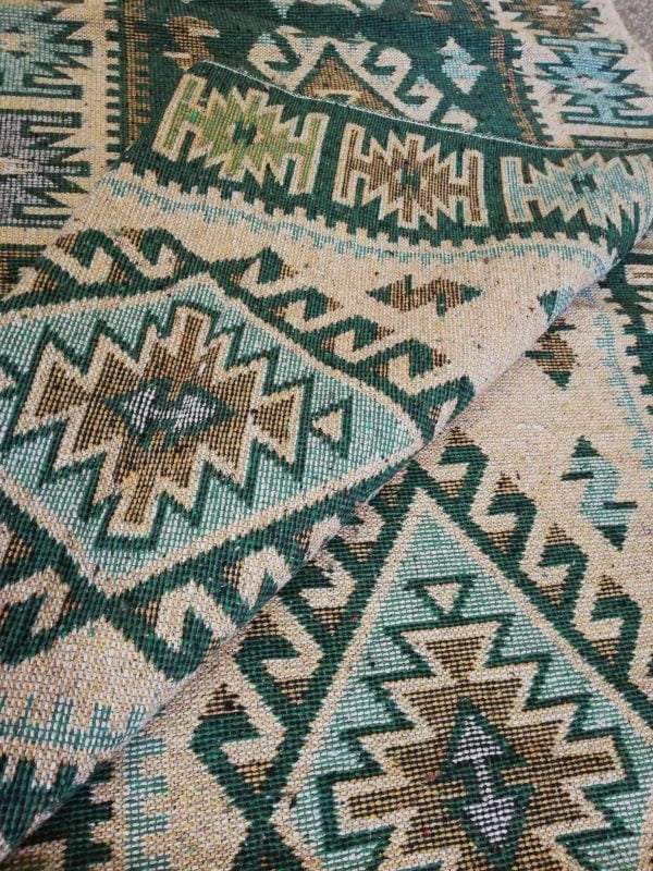Covor traditional tesut, cu doua fete, dimensiunea 100x150cm, verde si crem, model ROMB - imagine 3