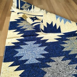 Covor traditional, tesut, cu doua fete, dimensiunea 80x200cm albastru si crem, model RUSTIC 3 - imagine 2