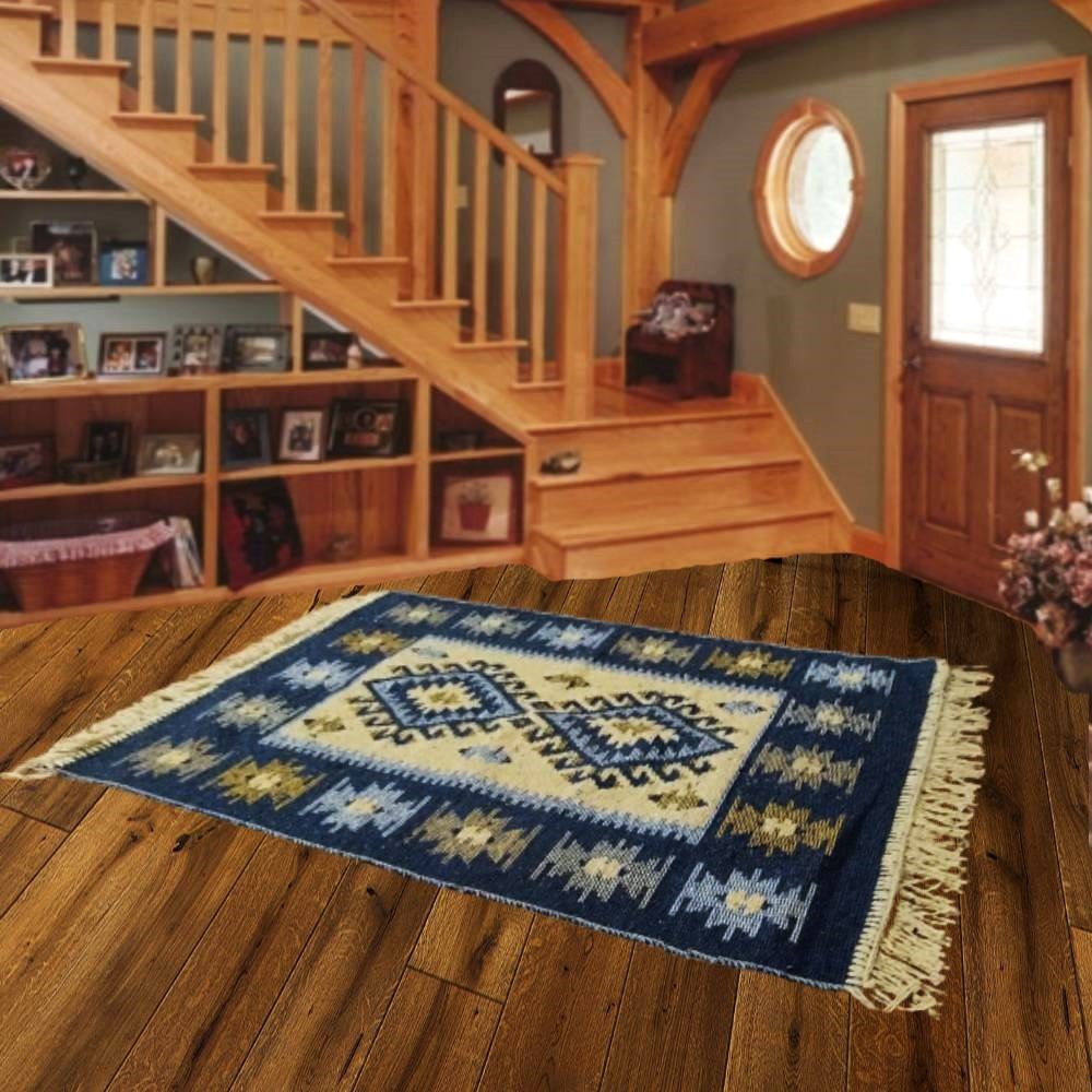 Covor traditional, cu doua fete, dimensiunea 160x250cm, albastru si crem, model ROMB