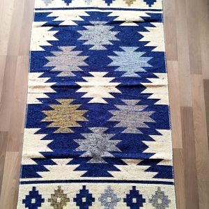 Covor traditional, tesut, cu doua fete, dimensiunea 80x200cm albastru si crem, model RUSTIC 3 - imagine 3