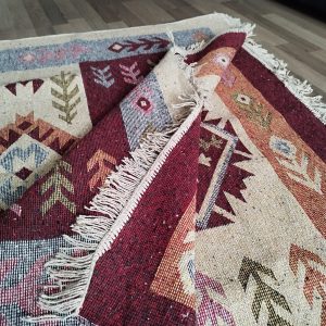 Covor traditional, dimensiunea 80x300cm Rosu si crem, model Spic de grau - imagine 3