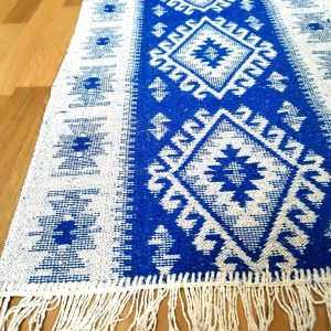 Covor traditional tesut, cu doua fete, dimensiunea 60x120cm, albastru si crem, model ROMB - imagine 4