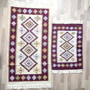 1+1 Covoare traditionale tesute,cu doua fete, dimensiunea 60x90cm + 80x150cm, maro si crem, model ROMB