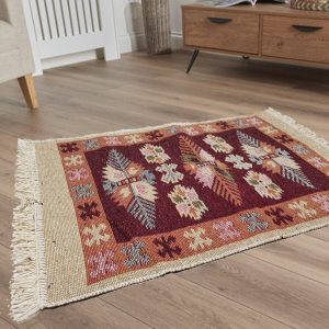 Covor traditional, tesut, cu doua fete, dimensiunea 80x125cm Rosu si crem, model Con de brad