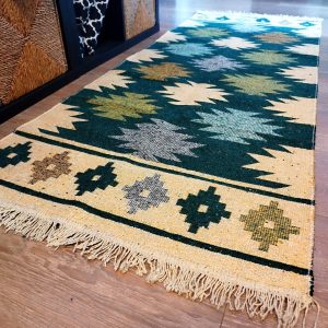 Covor traditional, tesut, cu doua fete, dimensiunea 80x200cm verde si crem, model RUSTIC 2 - imagine 3