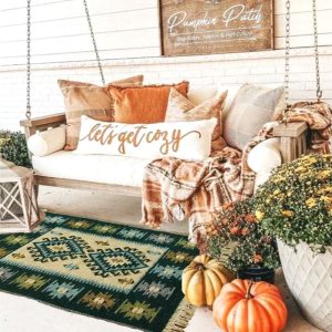Covor traditional, tesut, cu doua fete, dimensiunea 100x200cm verde si crem, model ROMB