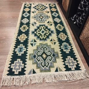 Covor traditional, cu doua fete, dimensiunea 60x120cm verde si crem, model RUSTIC 3 - imagine 2
