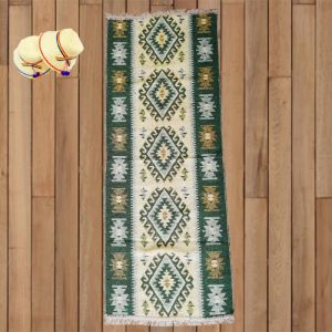 Covor traditional, dimensiunea 60x300cm Verde si crem, model ROMB - imagine 2