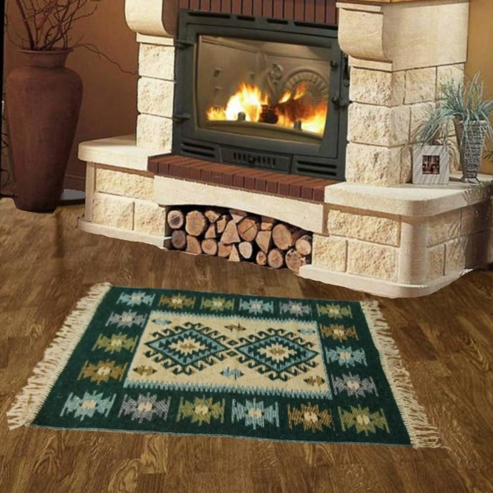 Covor traditional, tesut, cu doua fete, dimensiunea 100x200cm verde si crem, model ROMB - imagine 2