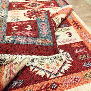 Covor traditional, dimensiunea 80x300cm Rosu si crem, model Spic de grau - imagine 2