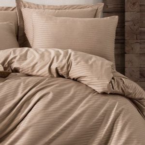 Lenjerie din Damasc bumbac 100%, dungi 1cm, pentru pat XXL -cearsaf pilota 200x230cm, cearsaf pat 240x260cm, 2 fete perna 50x70cm, cu rama decorativa Capucino - imagine 2