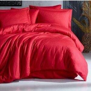 Lenjerie din Damasc bumbac 100%, dungi 1cm, pentru pat XXL -cearsaf pilota 200x230cm, cearsaf pat 240x260cm, 2 fete perna 50x70cm, cu rama decorativa Rosu