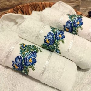 Set 4 prosoape pentru bucatarie, bumbac 100%, dimensiune 32x70cm cu model broderie Albastru - imagine 2