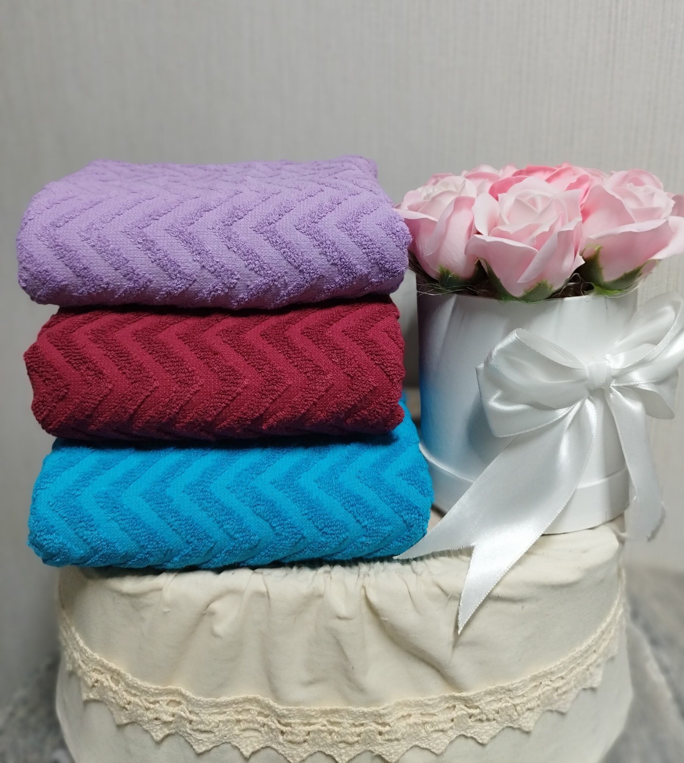 Set 3 prosoape baie , bumbac 100%, dimensiune 50x100cm Waves Bordo, Lila, Turquoise - imagine 3