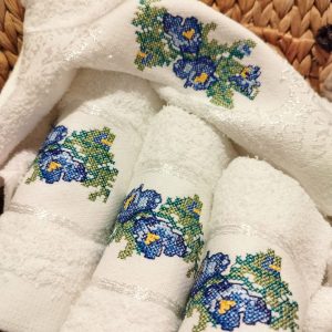 Set 4 prosoape pentru bucatarie, bumbac 100%, dimensiune 32x70cm cu model broderie Albastru - imagine 3