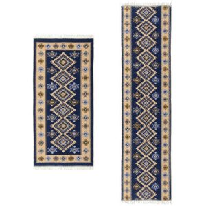 1+1 Covoare traditionale, dimensiunea 1 buc 80x150cm+ 1 buc 180x280cm Albastru si crem, model ROMB
