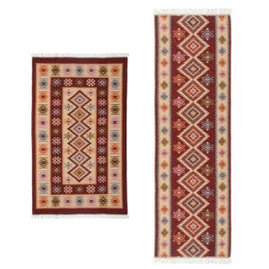 1+1 Covoare traditionale, 1 bucata dimensiunea 200x300cm+1 bucata 60x150cm, rosu si crem, model ROMB