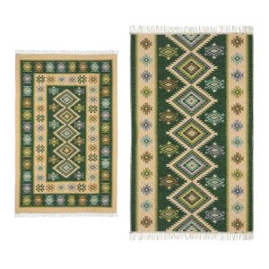 1+1 Covoare traditionale, dimensiunea 120x180cm+ 200x300cm, verde si crem, model ROMB
