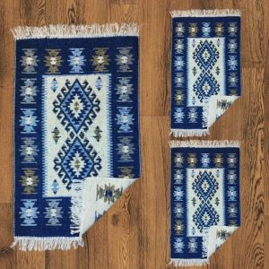 1+2 Covoare traditionale, dimensiunea 1 buc 180x280cm+ 2 buc 60X90cm, Albastru si crem, model ROMB