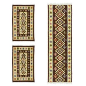 1+2 Covoare traditionale, dimensiunea 1 buc 200x300cm+ 2 buc 60X150cm, maro si crem, model ROMB - imagine 3