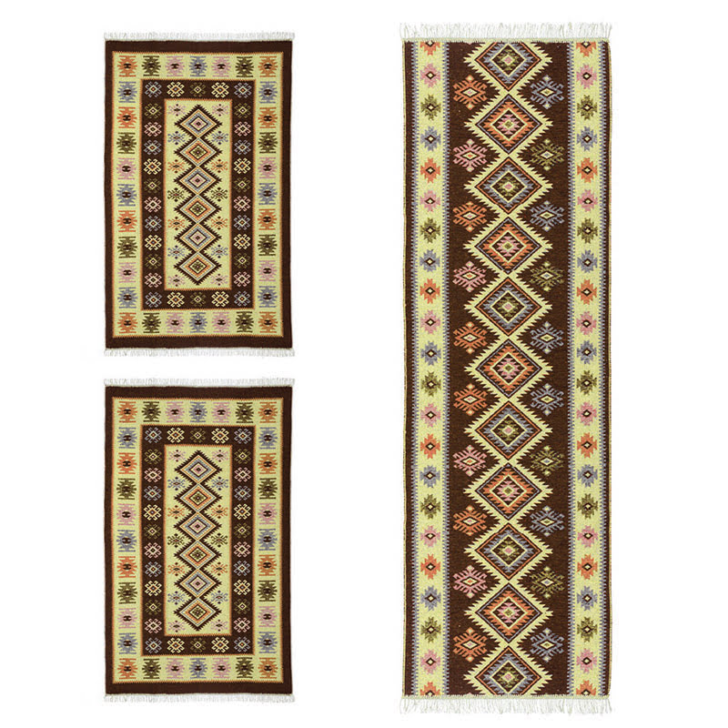 1+2 Covoare traditionale, dimensiunea 1 buc 200x300cm+ 2 buc 60X150cm, maro si crem, model ROMB - imagine 3