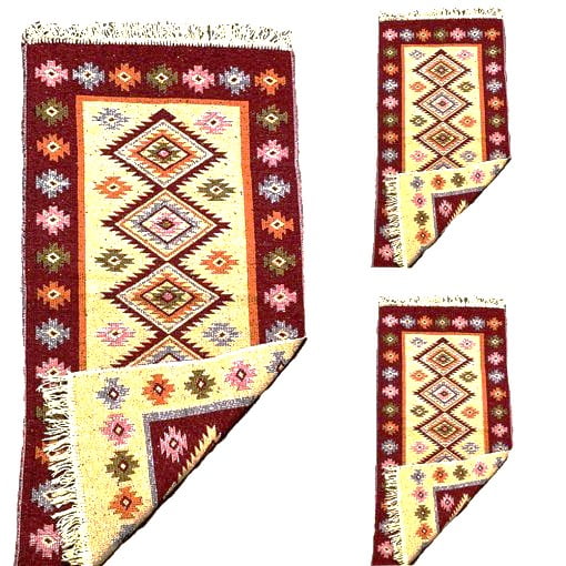 1+2 Covoare traditionale, 1 bucata dimensiunea 100x200cm+2 bucati 60x90cm rosu si crem, model ROMB